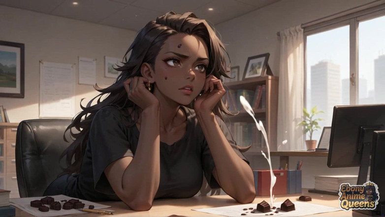 Ebony Anime Queens: Bitchins affärsbrud lockar med sin upphetsade, dreglande Stare i Ebenholtskontoret -...