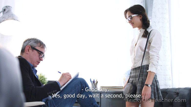 Tricky Old Teacher: Nerdy Brunette in Glasses Seduces Teacher with Mini Skirt