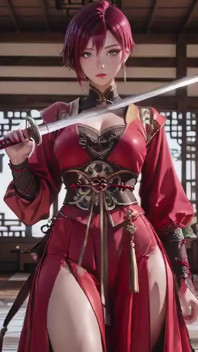Purple-haired War Maiden in High-slit Kimono, Kneeling to Tease Your Eyes with a Fiery Gaze and a Wet, Forbidden Whisper.
