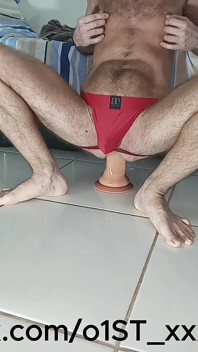 Again in Red Underwear Riding on My Big Dildos