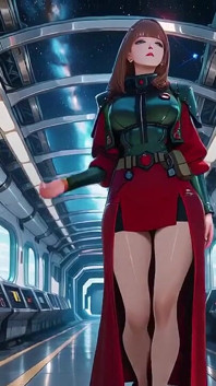 Inside the Sci-fi Train, She Wears a Tight Green Armor, Touching Her Red Lips While Gazing at the Galaxy Through the Porthole.