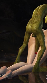 Hot sex! Beautiful young queen gets fucked hard by a Google green monster in the mystical cave