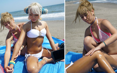 Japan Fetish Fusion: Setkání na pláži s žhavým olejem: intimní opálené gal duo