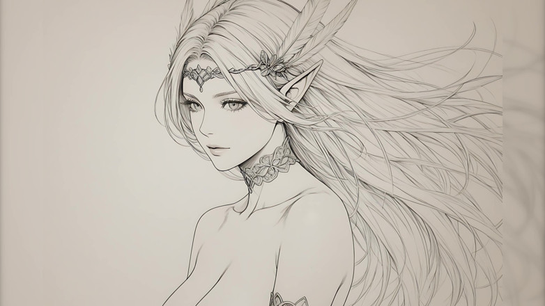 LustRender: Lustrender Слайд-шоу: красивый обнаженный эльф в обрамлении перья, искусство с линией пера - Ai Видео