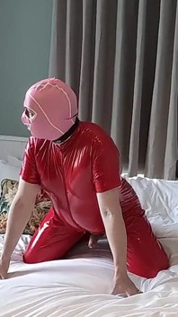 Hot Masked Cumslut in Full Red Pvc Catsuit