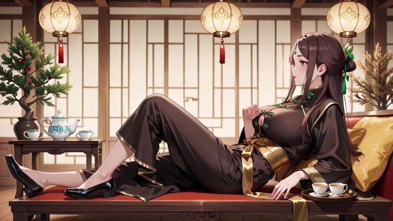 Tay Swift X: The Black &amp; Gold Qipao Lady Kneels in the Wooden Corridor,...