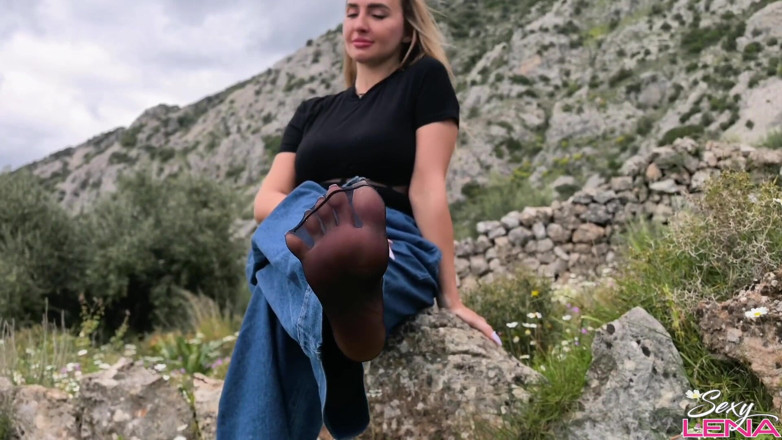 Goddess Lena: Greek Mountain Wild Footjob with Sweaty Nylon Feet - Outdoor Cum...