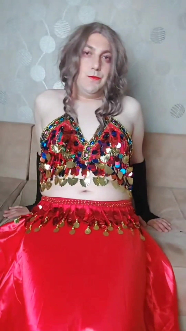 Kitty_Cross: Belly Dancer Femboy in Red Seductive Dress