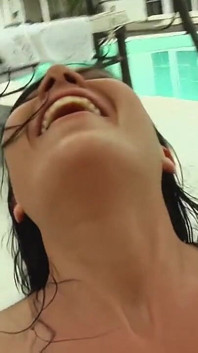 Insatiable Brunette MILF Takes Two Studs Poolside