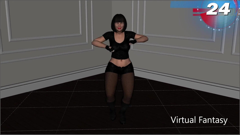 Virtual fantasy studio: Sexy 3D girl dancing in black clubwear and bodysuit.