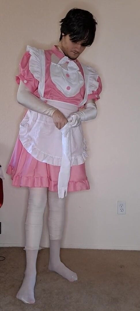 Pup Zentai: Pink spandex maid dress up