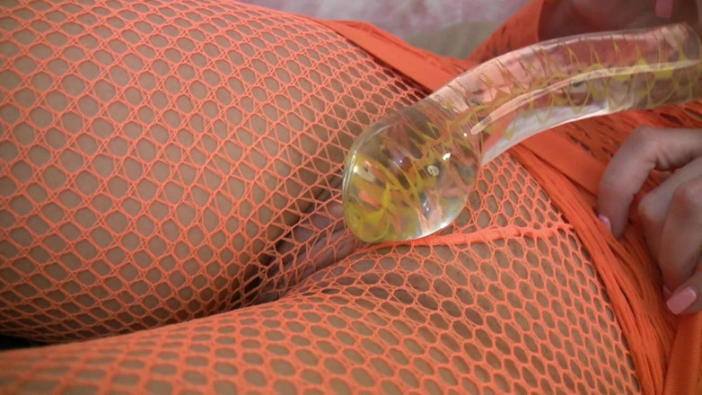 Hand Lotion Studios: Brunette slut plays with glass dildo