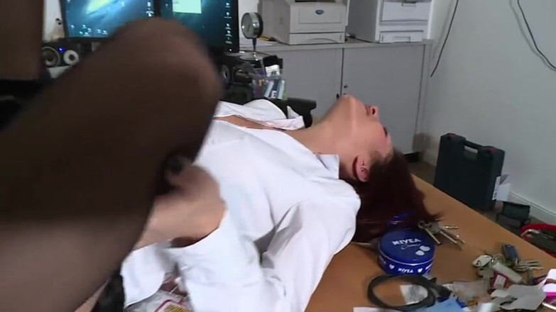 German amateur - 100% German hardcore videos: Redhead in black stockings fucking in a threesome