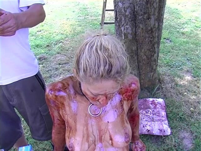 Horny Two really wet MILFs: Blonde slut gets all covered with food outdoors