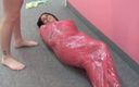 A Lesbian World: Kinky brunettes have fun wrapping each other in plastic