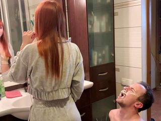 Petite Princesses FemDom (PPFemdom): Redhead girl brushes her teeth and spits in slave&#039;s mouth -...