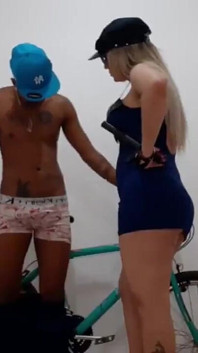 Hot Blonde Policewoman Frisking the Young Black Man Who Was Getting the Bike