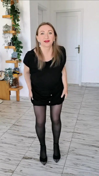 Hot MILF Shaking Huge Natural Boobs, Wearing Black Stockings and High Heels