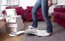 Foot Girls: Trampling boxes in the living room