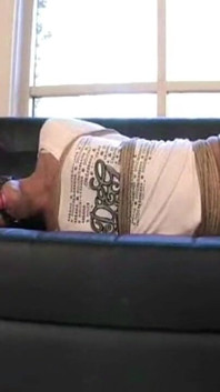 Vixen Hogtied ballgagged no sofá