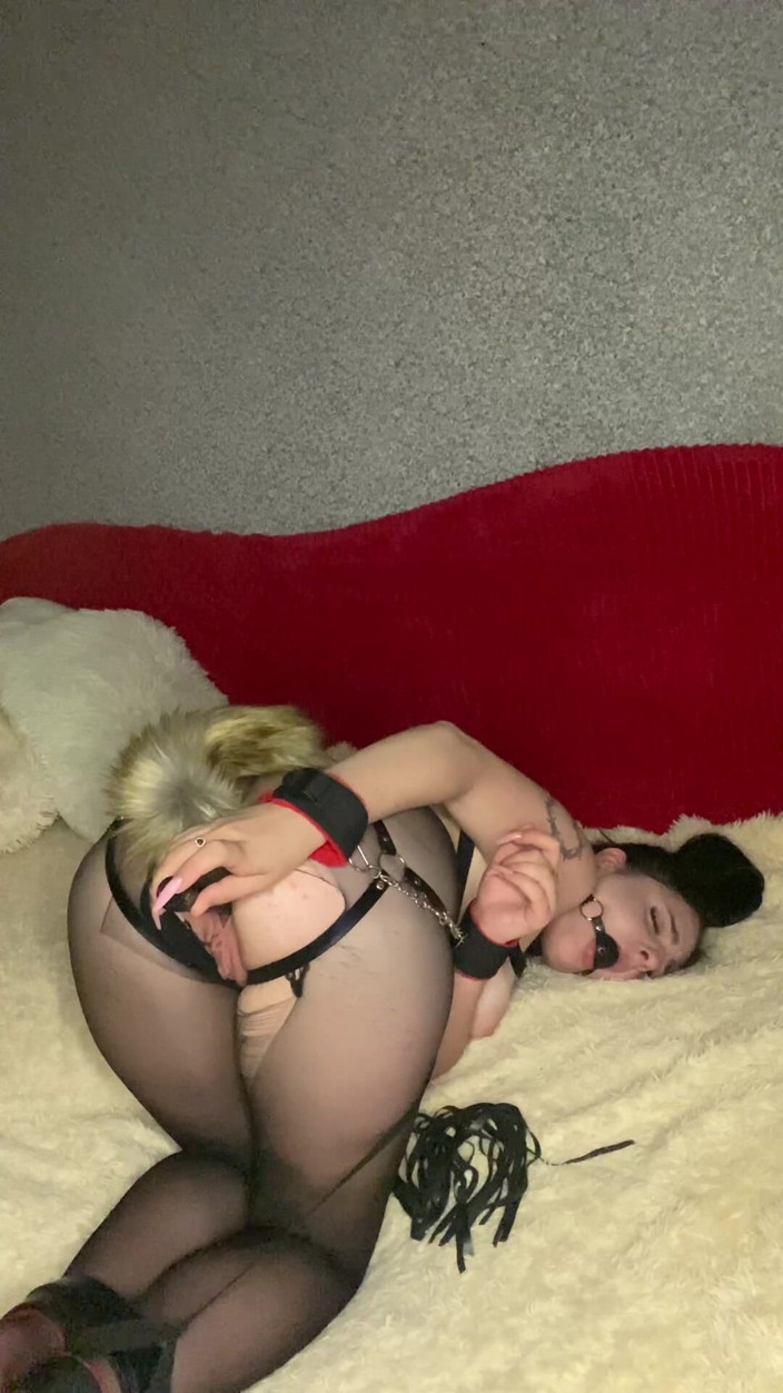 Kitty Lust: 18yo Brunette Bound Ripped Pantyhose, Leather Belts, Handcuffs, Gag &amp; Tail...