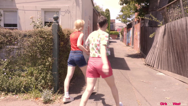 Girls Out West: Busty Luca and small titted Billie lick and finger each...